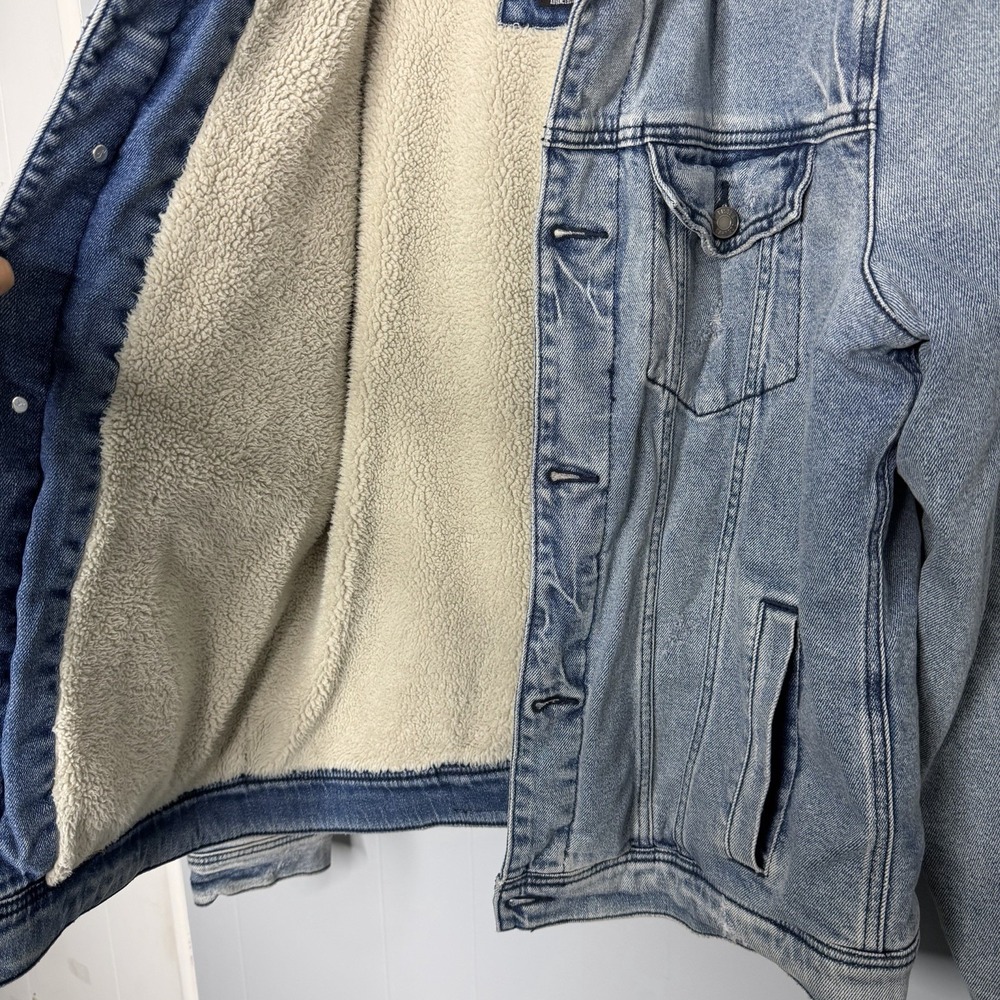Abercrombie & Fitch Sherpa Lined Denim Trucker Jacket Mens Large Jean Coat - Picture 5 of 14